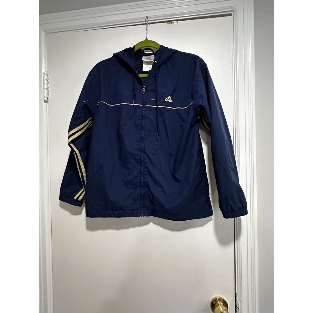 VTG 90's Mens Hooded Mesh Lined Small Blue Yellow Adidas Jacket 3 Stripes.